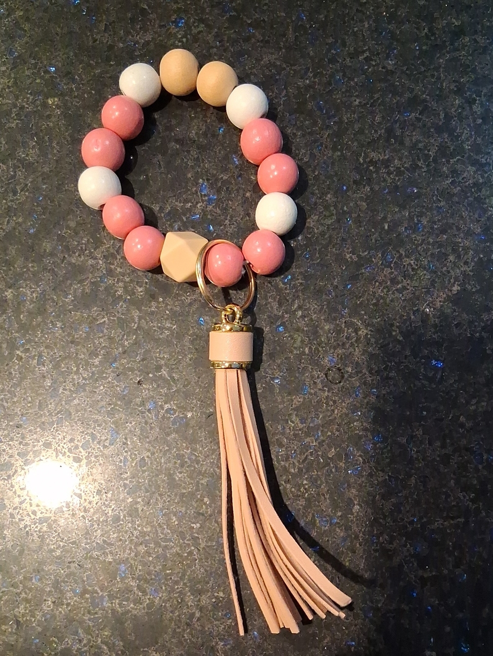 Pink, White & Tan Beaded Bracelet with Tassel Charm